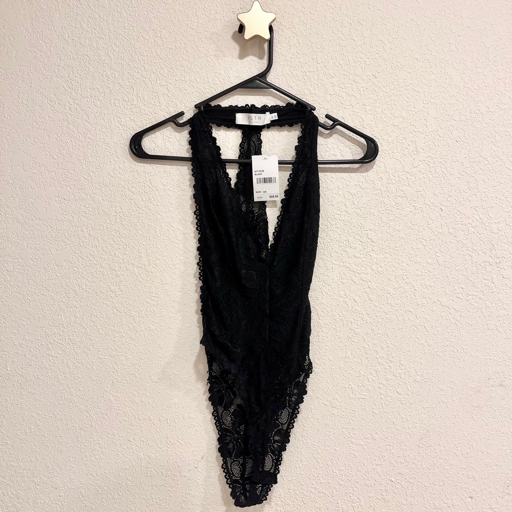 ASTR The Label Black Lace Racerback V-Neck Halter Bodysuit Size XS New